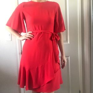 Red faux wrap dress with tie
